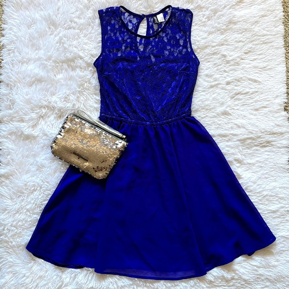 Blue Lace Dress with BCBG gunmetal sequence bag